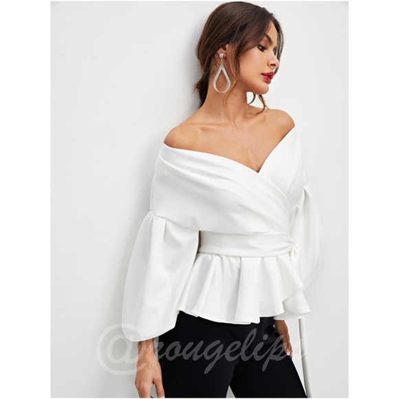 Bishop Sleeve Belted Peplum Top White V-Neck - Picture 2 of 8